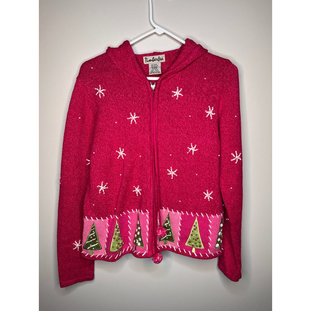2000s Timberlea Pink Green Christmas Patchwork Snowflake Full Zip Sweater S